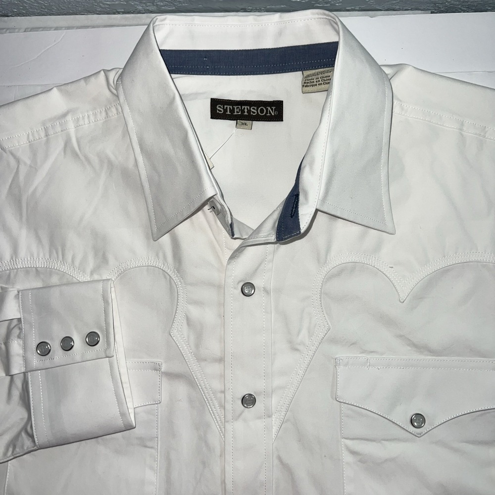Stetson Men's Button Up Crisp White Pearl Snap Pockets Long Sleeve Shirt XL-New